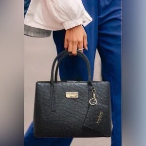 Bebe Aubrey Ostrich Black Embossed Tote Bag Crossbody with Logo Card Case